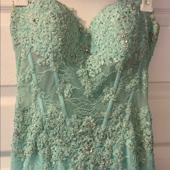 Mint Lace Strapless Prom Dress - Picture 4 of 5